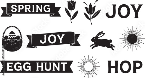 Black and white Easter and spring themed text and graphic elements Keywords: spring, Easter, holiday, celebration, joy, egg hunt, hop, text, banner, ribbon, tulip, flower, tulip flower, rabbit