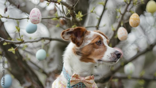 Curious dog observing colorful easter egg ornaments hanging from spring branches