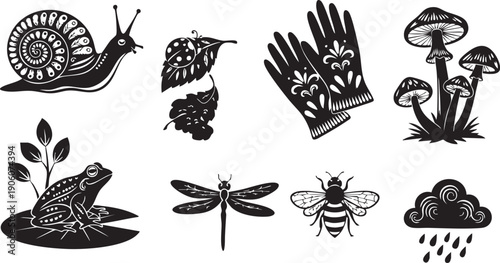 Black and White Silhouette Icons of Garden and Nature Elements on White Background snail ladybug