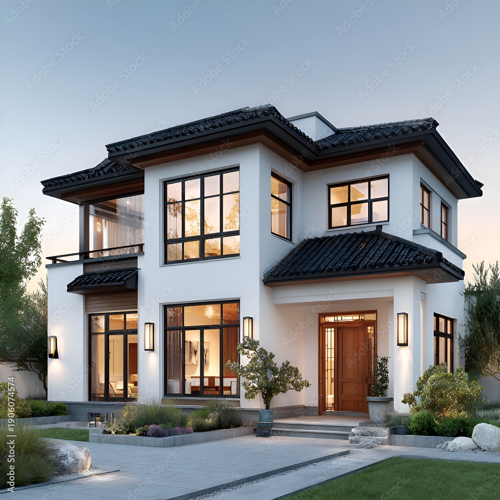 Fototapeta premium Beautiful modern home featu large , a black tile roof, and minimalist landscaping at dusk creating an inviting luxurious ambiance.