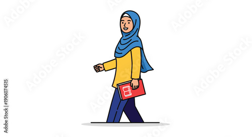 A smiling woman in traditional islamic clothing walks with a red bag a distinct silhouette high quality professional detailed modern elegant stylish