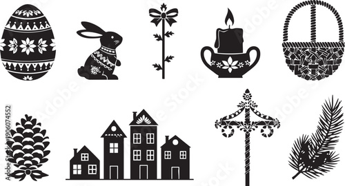 Black and white silhouette illustrations of Easter and nature elements Keywords: Easter egg, rabbit, bunny, bow, stem, candle, flame, fire, basket, woven, pinecone, tree, houses, village, pole