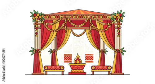 An ornate red and gold wedding mandap decorated with flowers and drapes a beautiful silhouette high quality professional detailed modern elegant stylish