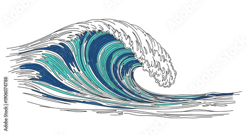 Stylized ocean wave illustration with blue and green hues.