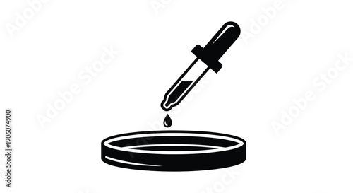 A black silhouette of a pipette dispensing a drop into a petri dish laboratory equipment silhouette high quality professional detailed modern elegant