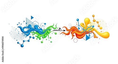 Vibrant colorful liquid splash art with dynamic shapes and splatters.