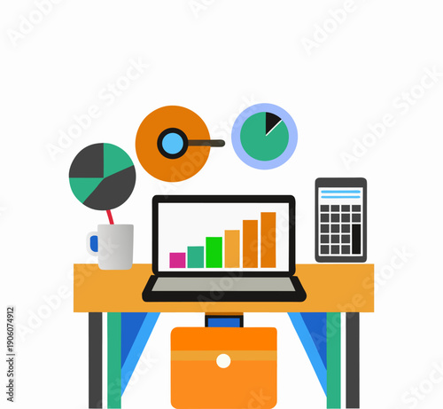 Flat vector illustration set of business office objects and desk icons featuring a computer, laptop, phone, and stationery design concept for web technology