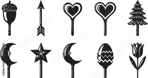 Collection of Black and White Silhouette Icons of Nature and Holiday Symbols on White Background acorn