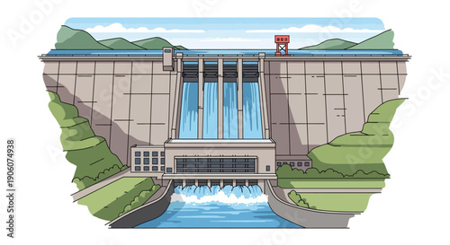 Hydroelectric Dam with Water Flowing Through Sluice Gates.