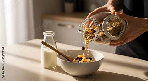 Pouring cereal into bowl soft morning light glass jar and milk joyful home minimalist breakfast ritual