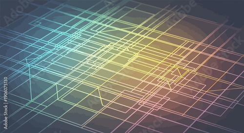 Abstract geometric grid pattern with glowing colorful lines representing technology and network connections on a dark background