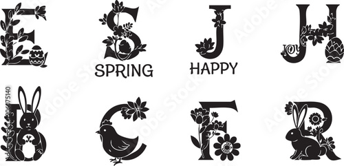 Decorative Monogram Letters and Words for Spring and Easter Celebrations Keywords: ESJH spring happy joy Easter bunny chick flower egg floral foliage decorative letter monogram alphabet