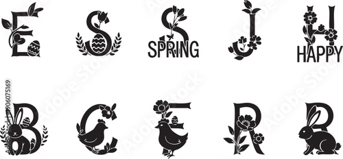 Easter and Spring Themed Decorative Letters and Bunnies in Black and White Keywords: ESJH spring happy joy Easter bunny chick flower egg floral foliage decorative letter monogram alphabet
