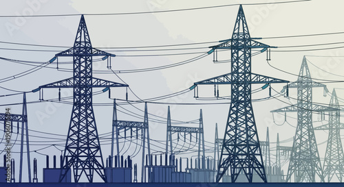 Silhouette of high voltage electricity pylons and power lines at a substation against a clear sky