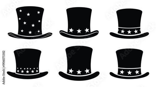 Silhouette vector collection of six vintage top hats with stars in varying patterns and styles, symbolizing patriotism, magic, and celebration on a white background. 
