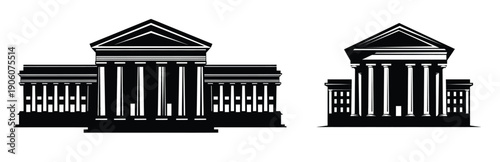 Black silhouette vector illustration of two neoclassical government buildings with columns and triangular pediments on white background. Concept of law, authority, architecture, justice, institution