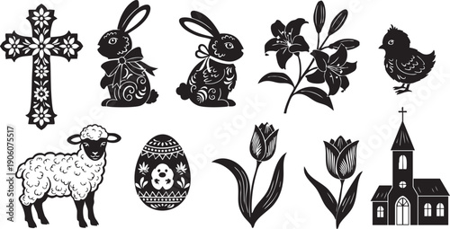 Easter Symbols Silhouette Collection with Cross, Bunnies, Lamb, Chick, Flowers, and Church illustration