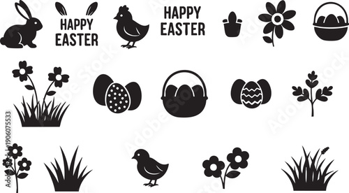 Easter Spring Icons Black Silhouettes Set holiday