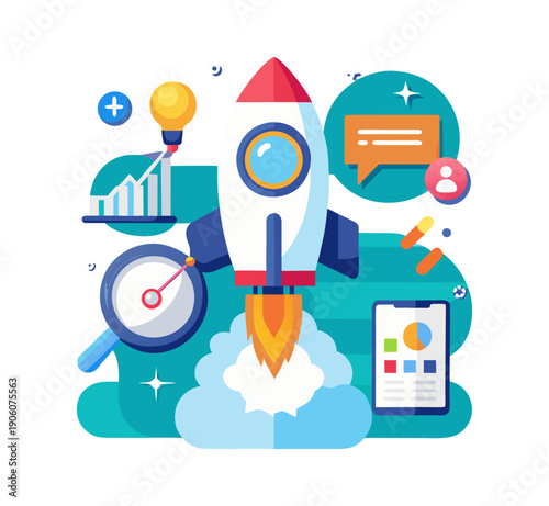 Flat vector illustration set of business people icons and professional teams featuring mobile technology and social network marketing concepts for web communication design