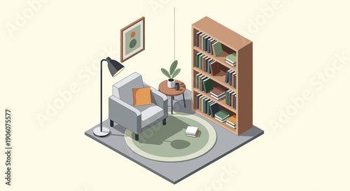 Isometric cozy living room interior with armchair, bookshelf, and plant, comfortable home design on isolated white background