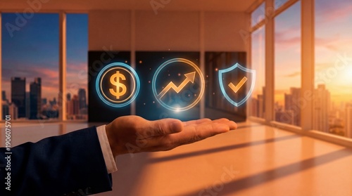 Hand Holding Financial Security and Investment Growth Icons at Sunset