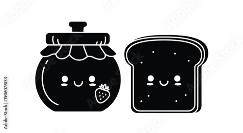 A charming black illustration depicts a jar of jam and a slice of bread with happy faces silhouette high quality professional detailed