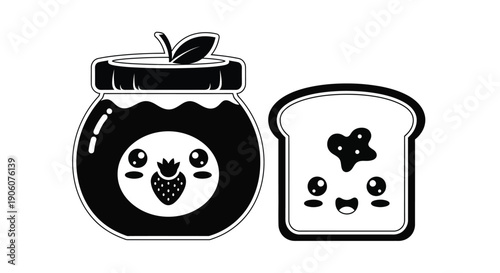 Charming black and white illustration of jam jar and toast with cute faces a delightful silhouette high quality professional detailed modern elegant