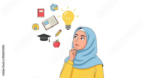 A thoughtful woman contemplates ideas of education innovation and knowledge represented by surrounding icons silhouette high quality professional detailed modern elegant