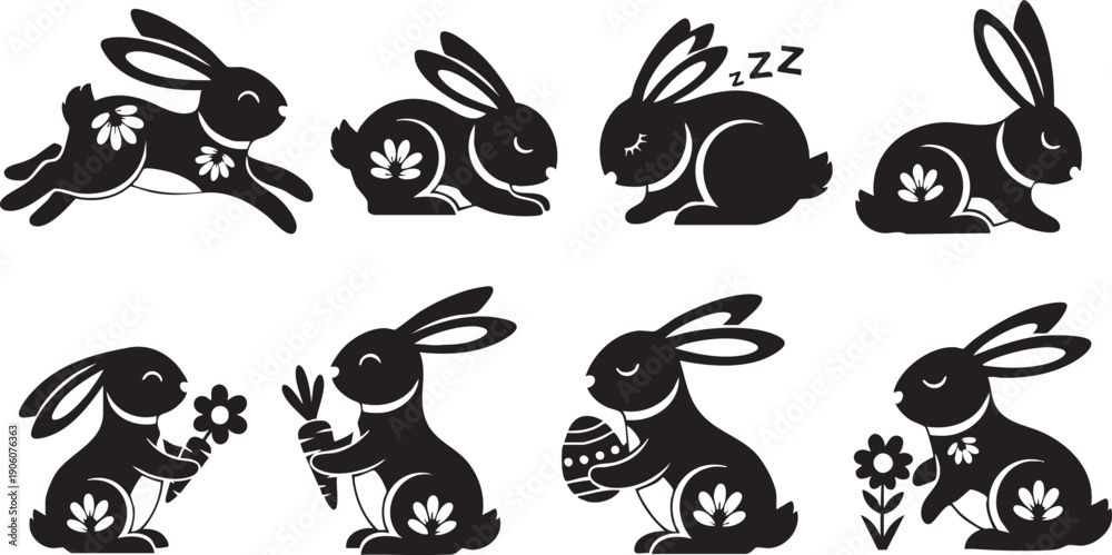 Obraz premium Set of Stylized Easter Bunny Silhouettes with Floral Motifs illustration