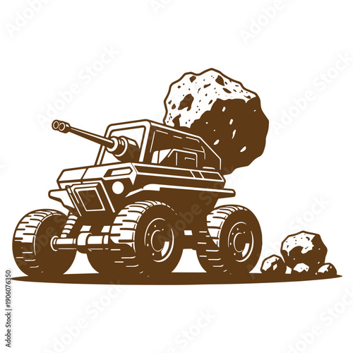 Vintage Grunge A sepiatoned illustration of a tanklike vehicle with large wheels and a cannon picking up a large boulder
