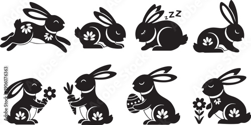 Set of Stylized Easter Bunny Silhouettes with Floral Motifs illustration