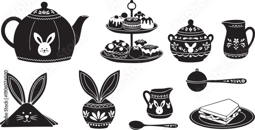 Tea Party and Easter Themed Tableware and Decorations Silhouette Collection illustration