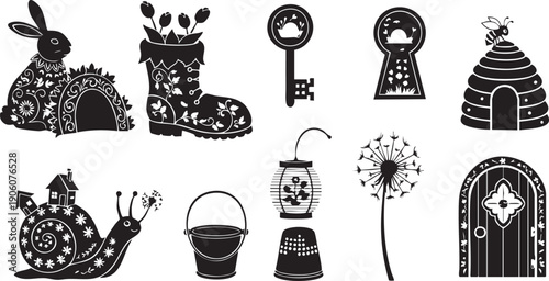 Whimsical black and white illustrations of Easter and spring themed objects and creatures Keywords: Easter, spring, whimsical, illustration, black and white, silhouette, rabbit, bunny, boot, shoe