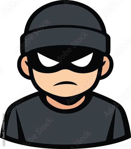 Grumpy thief or burglar wearing a black mask and beanie, minimalist flat vector illustration