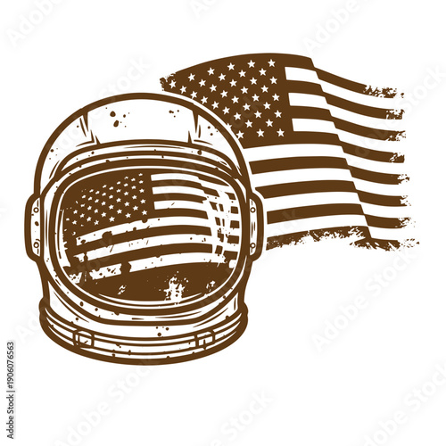 Vintage Grunge American astronaut helmet with USA flag design on visor and waving flag behind  patriotic space symbol