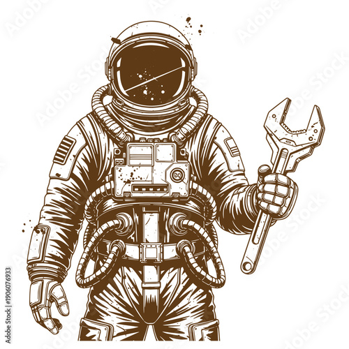 Vintage Grunge Astronaut in space suit holding adjustable wrench standing alone