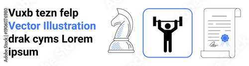 Strategy, self-improvement, fitness, achievement, certifications, determination. Chess knight, weightlifter and signed document. Strategy and self-improvement