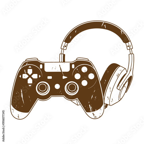 Vintage Grunge gaming controller and headphones for video games and entertainment purposes  modern gaming setup