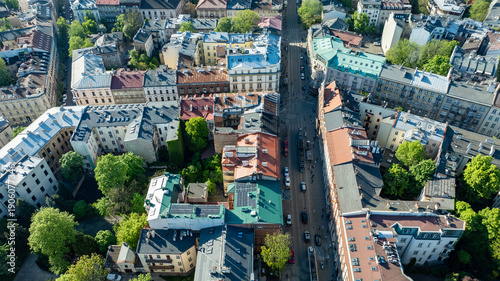 фотографія High altitude aerial view of Krakow showing dense urban districts, historic stre