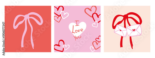Valentine's Day romantic hand drawn doodle set with pink ribbon bow, I Love You heart greeting and red envelopes with love letters, cute aesthetic vector collection for wedding invitations, stickers a