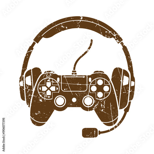 Vintage Grunge Gaming controller with headset and microphone on white background for video game design  gaming accessories