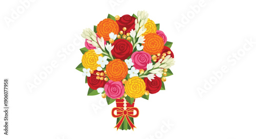 A vibrant bouquet of colorful roses and delicate white flowers is beautifully arranged with a ribbon silhouette high quality professional detailed modern