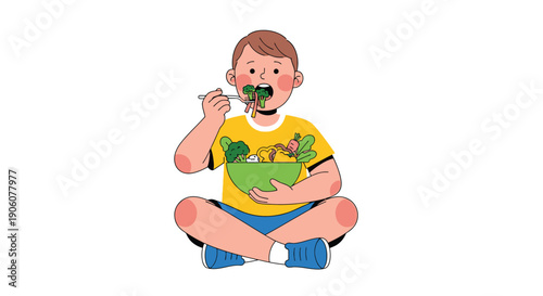 A young boy enjoys a colorful and healthy bowl of vegetables depicted in a flat style silhouette high quality professional detailed modern