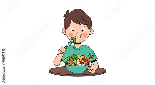 A cheerful young boy enjoys a healthy colorful salad meal at the table silhouette high quality professional detailed modern elegant stylish clean