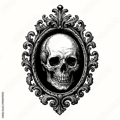 Tableau sur toile Dramatic vintage portrait of a human skull framed in an ornate, baroque-style oval cartouche, exuding gothic and macabre vibes