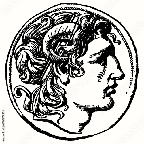 Profile illustration of Alexander the Great wearing ram horns, reminiscent of an ancient coin or medal, symbolizing power and history.