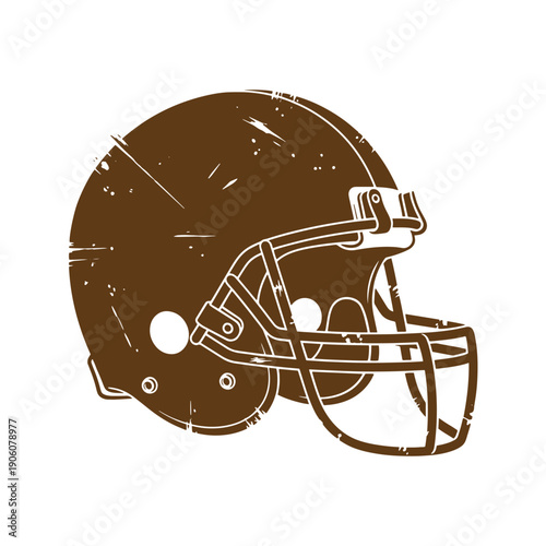 Grunge texture American football helmet with face guard and chin strap on white background Vintage Style