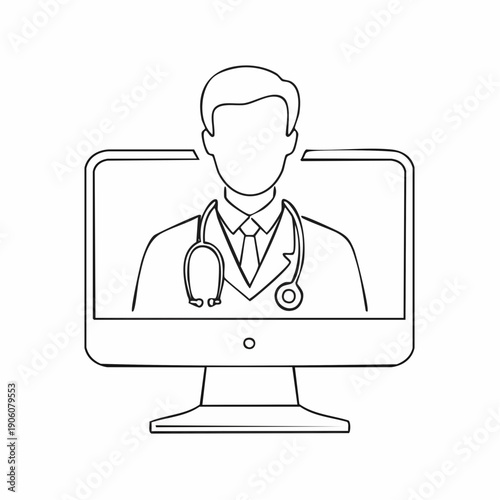 Line art drawing of a doctor with a stethoscope on a computer monitor, representing online medical consultation or telemedicine.
