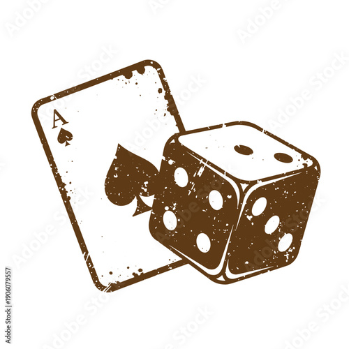 Vintage Grunge Grungy illustration of ace of spades card and two dice for casino games and gambling  symbolizing chance and luck