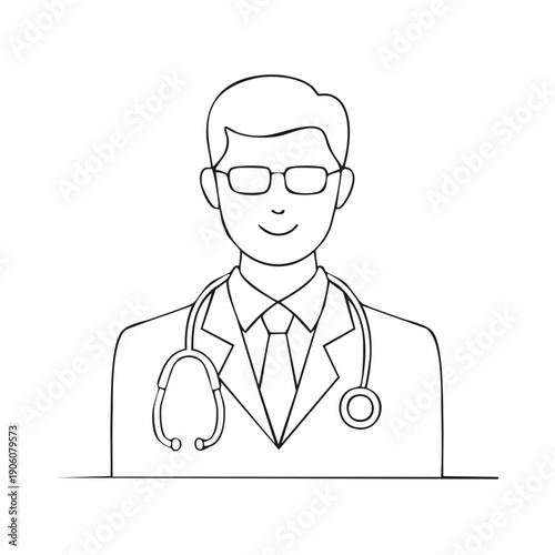 Line drawing of a smiling male doctor wearing glasses, a lab coat, and a stethoscope around his neck.